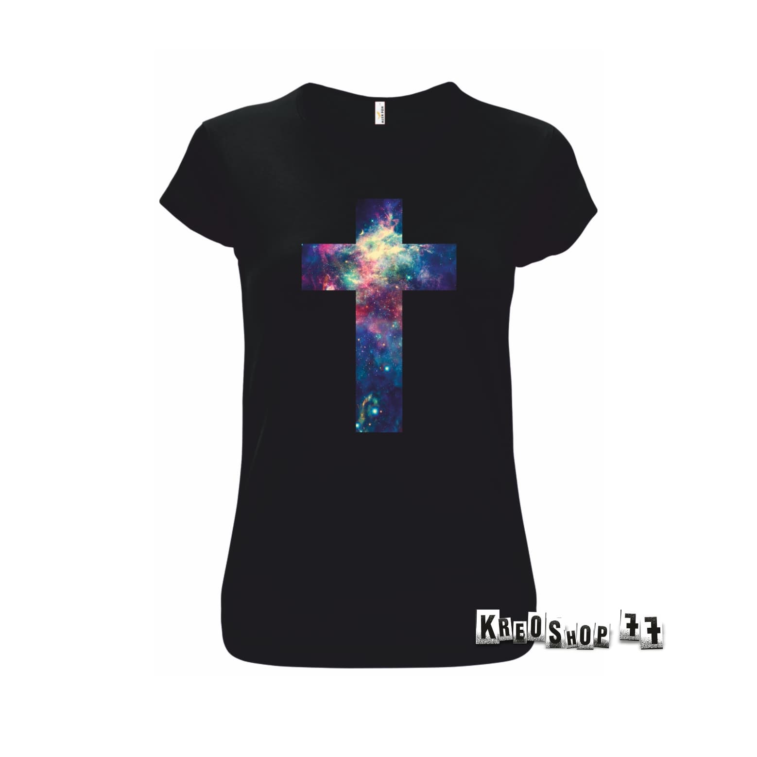 Dámske kresťanské tričko - Kríž, Galaxy - čierne