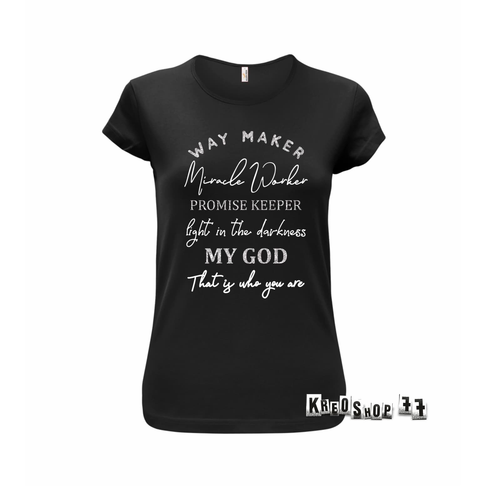Dámske kresťanské tričko - Way Maker miracle Worker - Black