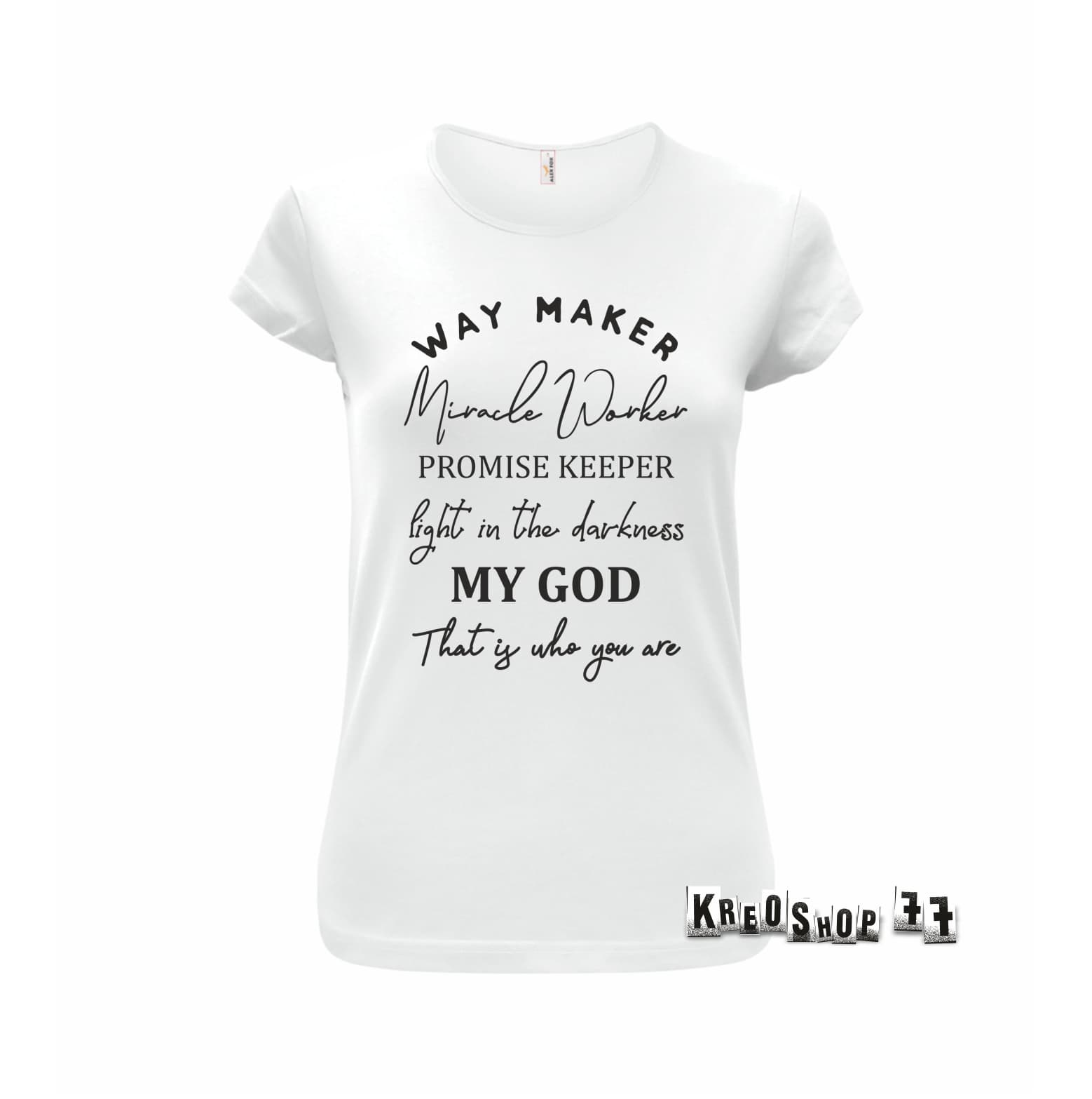 Dámske kresťanské tričko - Way Maker miracle Worker - Biela
